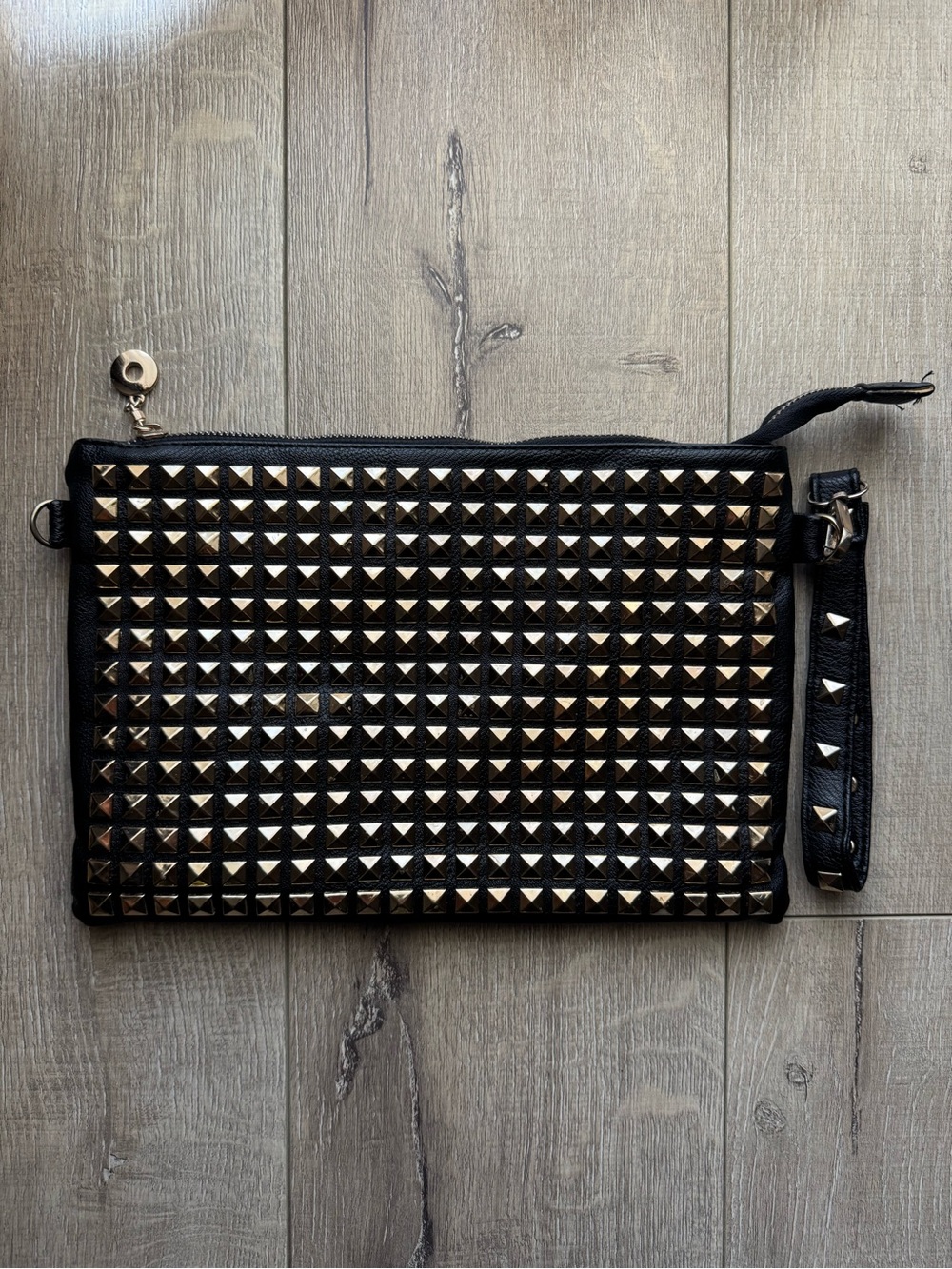 Black Studded Wristlet Clutch - Gold Pyramid Studs